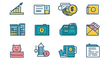 Finance thin line icon set. Containing wallet, piggy bank, ATM, dollar sign, credit card, bar chart, coin stack, money 