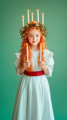 A red-haired girl dressed as Saint Lucia, with a green wreath on her head, in a white dress with a red belt and holding candles in her hands. Green pastel background. Hyper-realistic photo.