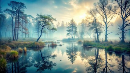 Mystic swamp with trees and small lake in misty fog, swamp, trees, lake, misty, fog, mystical, eerie, atmospheric