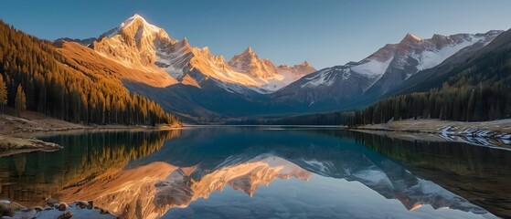 Fototapeta premium Serene mountain landscape with a crystal-clear lake reflecting the surrounding snow-capped peaks, captured at sunrise, panoramic view
