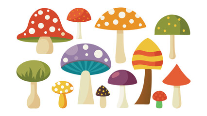 Best collection of various mushrooms illustrated in a vector style, showcasing their unique shapes and colors flat vector illustration on white background