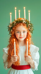 A red-haired girl dressed as Saint Lucia, with a green wreath on her head, in a white dress with a red belt and holding candles in her hands. Green pastel background. Hyper-realistic photo.