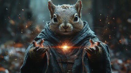 Obraz premium Squirrel wearing a wizard's robe, casting spells in a dark forest