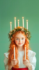 A red-haired girl dressed as Saint Lucia, with a green wreath on her head, in a white dress with a red belt and holding candles in her hands. Green pastel background. Hyper-realistic photo.