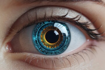 Close-up of a human eye with intricate, digital holographic elements overlayed, symbolizing future technology and artificial intelligence