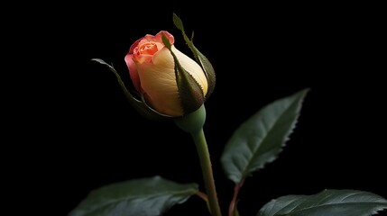 Fototapeta premium A single, closed bud of a yellow rose with red tips on its petals against a black background.