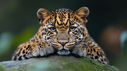 Obraz premium A wild leopard rests on a stone, providing a striking portrait.