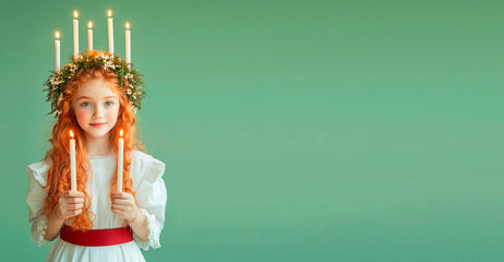 A red-haired girl dressed as Saint Lucia, with a green wreath on her head, in a white dress with a red belt and holding candles in her hands. Green pastel background. Hyper-realistic photo.