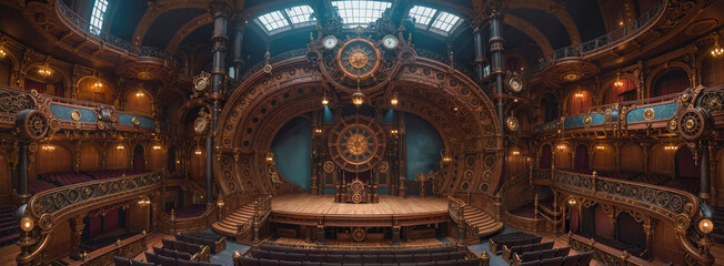 Obraz premium An opulent theater or opera house. Stage of the steampunk concert hall with a large clock and mechanism. 