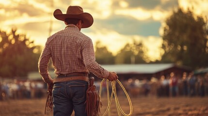 Cowboy with rope looking into the distance.
