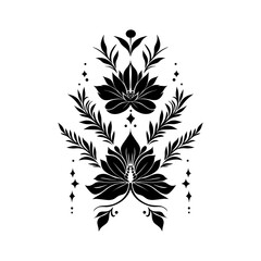 Abstract linocut flowers with magic, girls and mystical in ornate rural folk scandinavian style. Hand drawn Illustration, Linocut Blockprint.