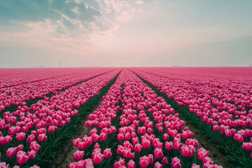 Naklejka premium Aerial drone view of colorful pink tulip fields leading to the horizon, spring in Holland.