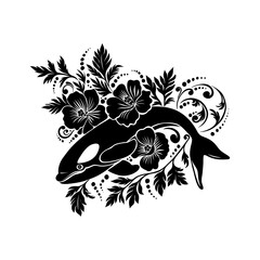 Abstract linocut flowers with magic, girls and mystical in ornate rural folk scandinavian style. Hand drawn Illustration, Linocut Blockprint.