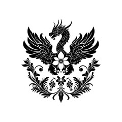 Abstract linocut flowers with magic, girls and mystical in ornate rural folk scandinavian style. Hand drawn Illustration, Linocut Blockprint.