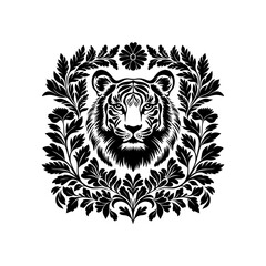 Abstract linocut flowers with magic, girls and mystical in ornate rural folk scandinavian style. Hand drawn Illustration, Linocut Blockprint.