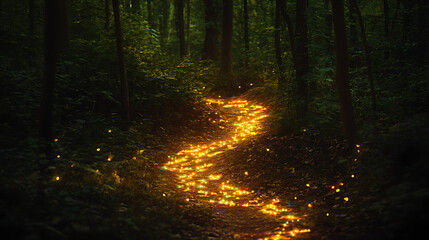 Fototapeta premium A glowing path of light weaving through a dark forest, illuminating the way forward and symbolizing guidance