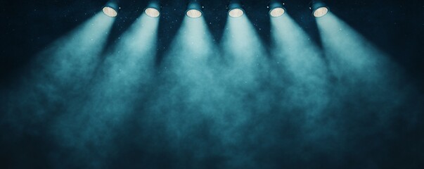 Stage lights in the shape of celestial bodies, starry night backdrop, cool blue tones, serene and mystical mood.
