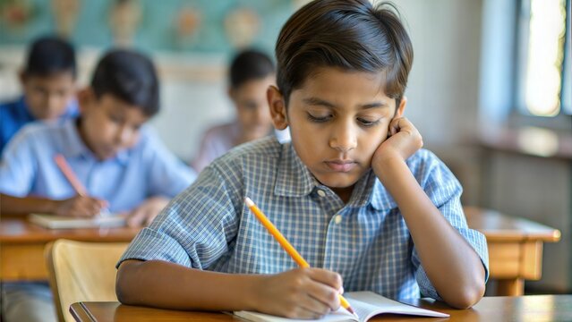 An Indian boy lost in thought at his school desk, writing in his notebook.
