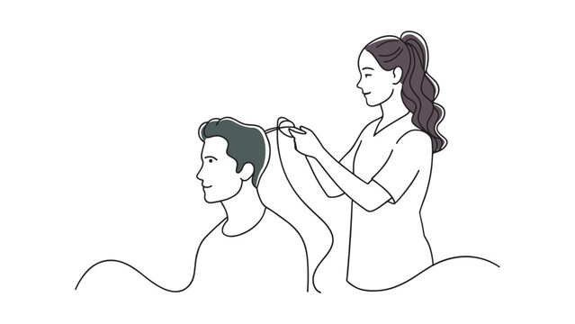 woman tying man's hair, line art clip art preview