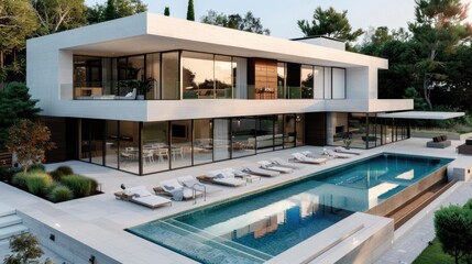 Fototapeta premium Luxury Minimalist Modern Mansion with Pool: Architectural Marvel in Real Estate