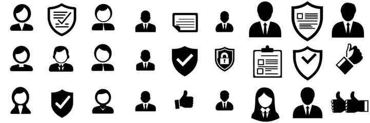 Flat icons with approval signs. Check marks, certified, validation, agreement, thumbs up, settings, shield icons, and more.