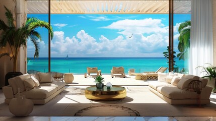 Fototapeta premium Luxury View. Modern Beach Living Room with Stunning Sea View