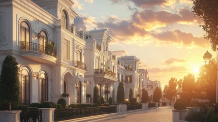 White buildings line a cobblestone street at sunset