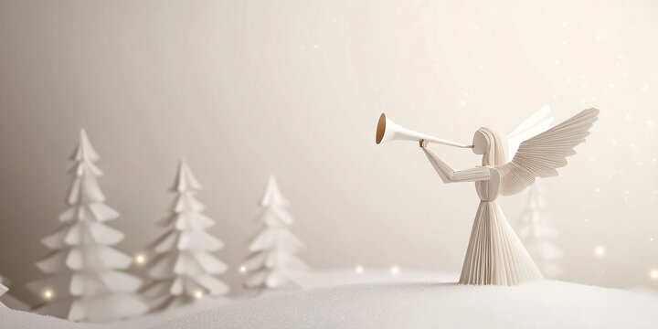 Paper angel blowing a trumpet on a winter Christmas background with space for text