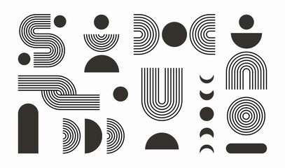 Set of dark blue line boho geometric shape set. abstract pattern, design line art, trendy bohemian style. Contemporary mid century illustration arch and circle bauhaus   © Anastasia