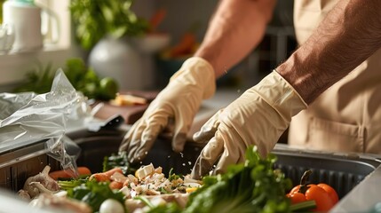 Person Wearing Gloves Putting Food Waste in a Compost Bin