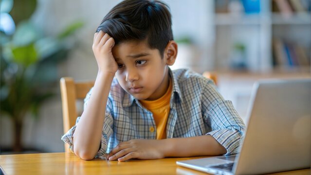 An Indian boy appearing disengaged, with his head in his hand at the desk.
