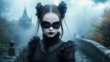 A hauntingly beautiful girl in a gothic setting, wearing a mask with intricate details, surrounded by a misty, ethereal atmosphere.