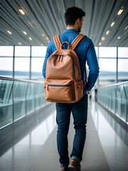 Traveler Walking with Leather Backpack in Airport - Generative AI