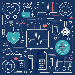 Medical and Healthcare Icon Set – Vector Illustrations with Lab Equipment, Heart Monitors, and Medicine