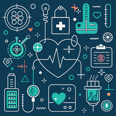 Medical and Healthcare Icon Set &ndash; Vector Illustrations with Lab Equipment, Heart Monitors, and Medicine