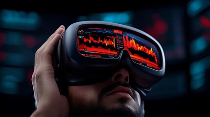 VR Data Visualization:  A man wearing VR goggles, intently analyzing data displayed in a futuristic, immersive environment. The image portrays the potential of immersive technology in data analysis.