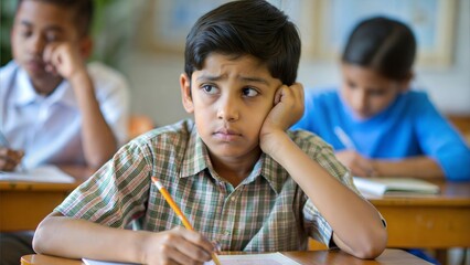 A bored Indian boy jotting down notes with a tired expression in class.
