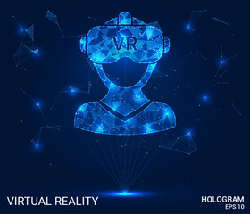 Hologram virtual reality. Virtual reality depicted with polygons, triangles, dots, and lines. A low-poly structure symbolizing a network of connections. Futuristic technology concept in vector form.