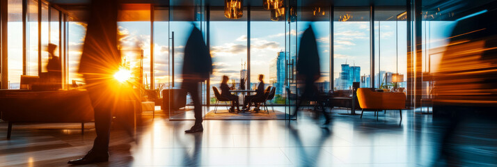 A bustling office lobby at sunset, showcasing silhouettes of people in motion against backdrop of vibrant city skyline. warm glow of sun adds dynamic atmosphere to scene