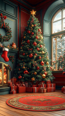 Obraz premium A beautifully decorated Christmas tree stands in cozy room, adorned with golden ornaments and surrounded by wrapped gifts. warm glow from fireplace adds to festive atmosphere