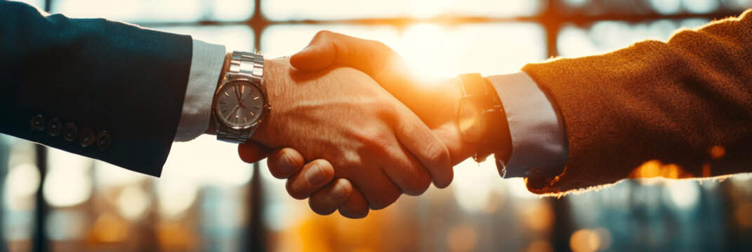 A successful business partnership is symbolized by firm handshake, showcasing trust and collaboration in professional setting. warm sunlight enhances moments significance