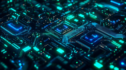 Futuristic circuit board patterns glowing with neon blue and green light