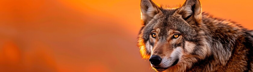Obraz premium 22 Wolf face bathed in orange sunset over a rugged mountain closeup, focus on fur texture, copy space