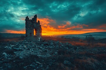 Obraz premium Ruined Brick Wall and Rubble Against a Dramatic Sunset Sky
