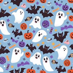 Ghosts and Bats Halloween Pattern with Cute Pastel Aesthetic