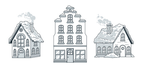 Christmas buildings set emblems monochrome