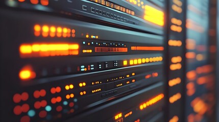 Close-up view of server racks with glowing lights and data indicators.