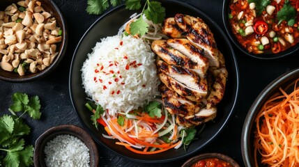 An overhead view of a colorful Thai feast featuring som tam and succulent grilled chicken, with sticky rice and fresh herbs, showcasing the harmony of flavors.