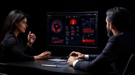 Data Driven Decisions: A focused business meeting, illuminated by the glow of a computer screen displaying intricate data visualizations.