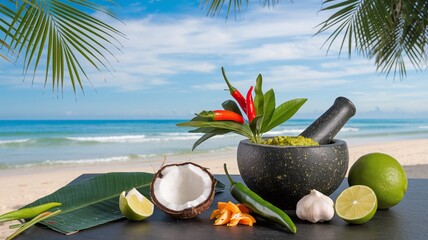 Obraz premium Fresh guacamole ingredients on a black stone on the beach with a coconut half, limes, garlic, chili peppers, and palm leaves.